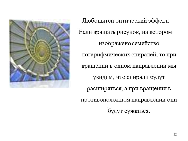 Любопытен оптический эффект.  Если вращать рисунок, на котором изображено семейство логарифмических спиралей, то